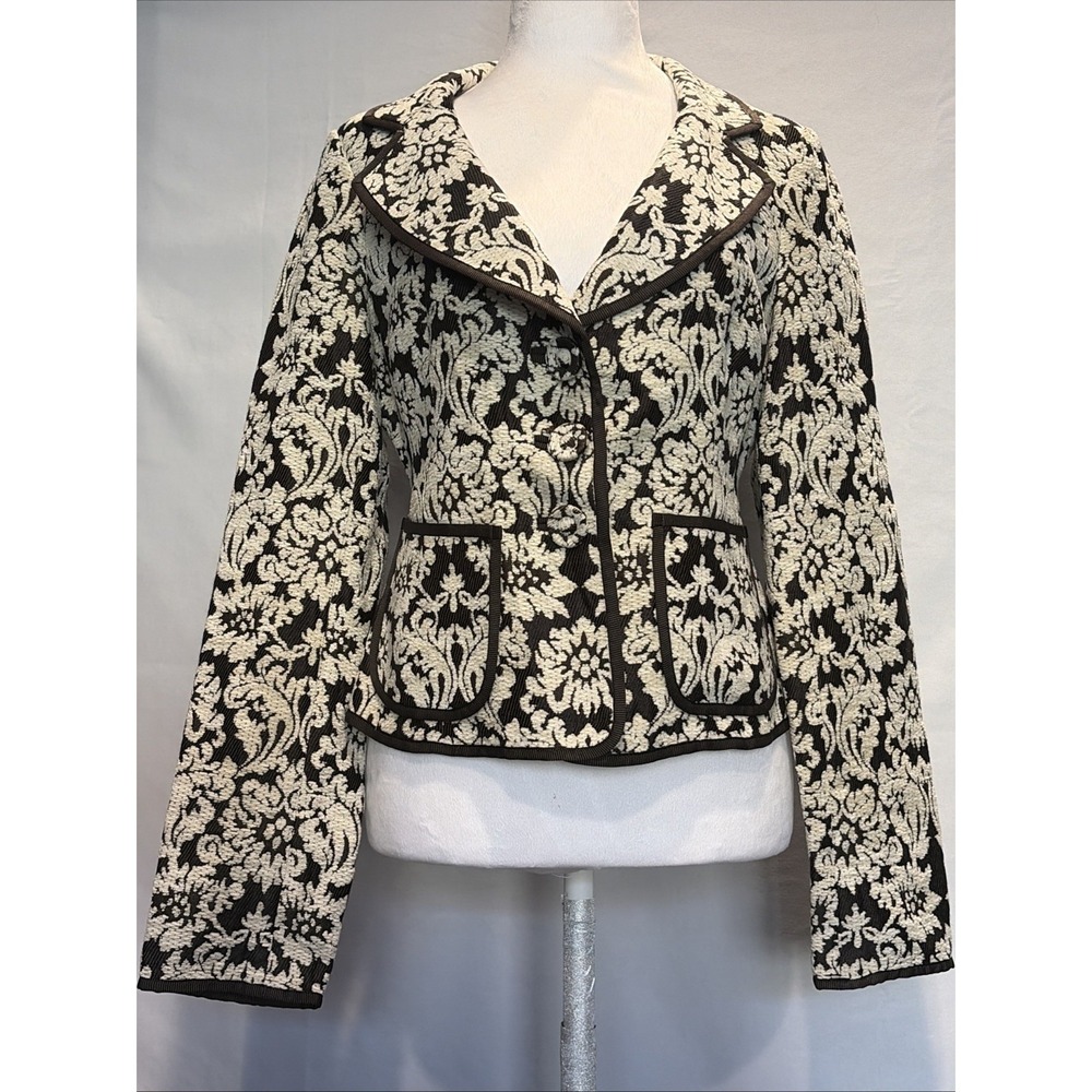 Eccoci Silk Blend Floral Jacquard Brocade Crop  Blazer Brown Ivory Size 4 Y2K